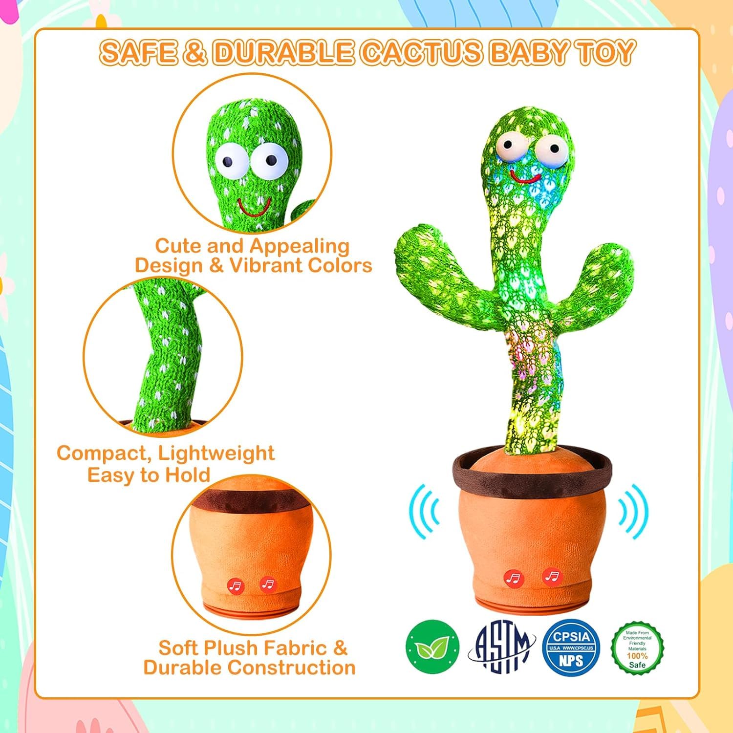 Storio Rechargeable Toys Talking Cactus Baby Toys for Kids Dancing Cactus Toys Can Sing Wriggle & Singing Recording Repeat What You Say Funny Education Toys for Children Playing Home Decor for Kids GenzVybs